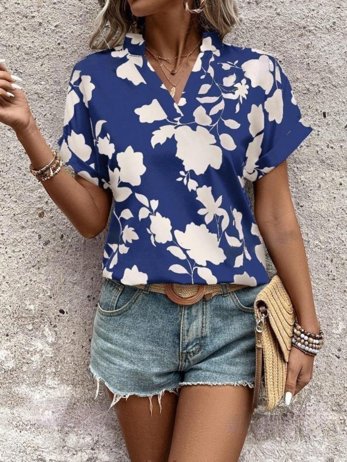 Flower Notched Short Sleeve Blouse