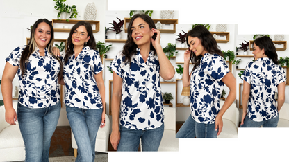 Flower Notched Short Sleeve Blouse