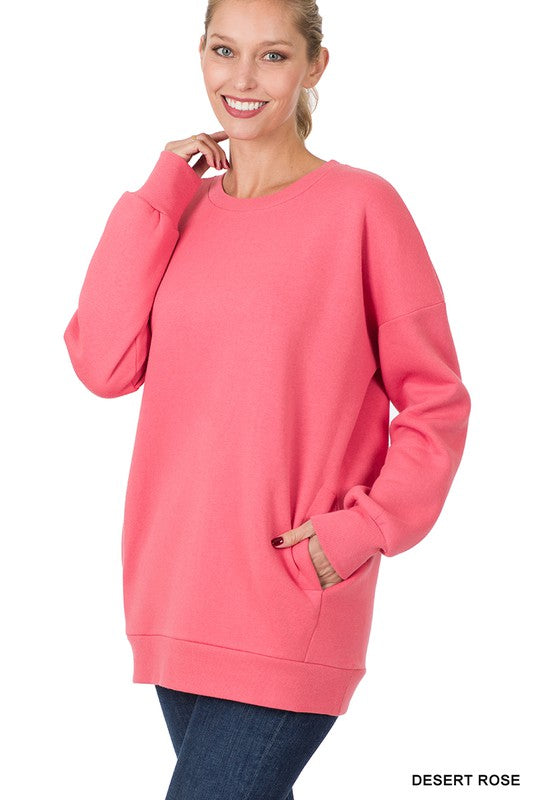 Long Sleeve Round Neck Sweatshirt Side Pockets