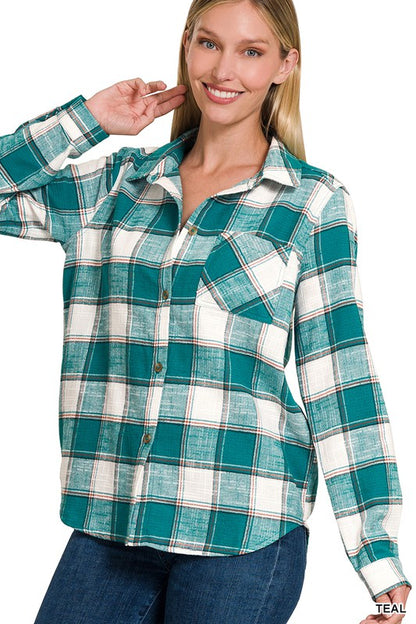 Cotton Plaid Shacket With Front Pocket