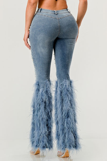 Distressed Pearl Embellished Feather Detail Jeans