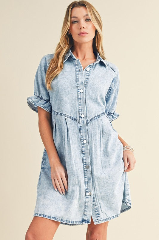 Ruffled Short Sleeve Buttoned Denim Dress