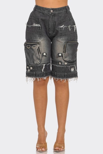 Utility-Chic Frayed Denim Casual Cargo Shorts