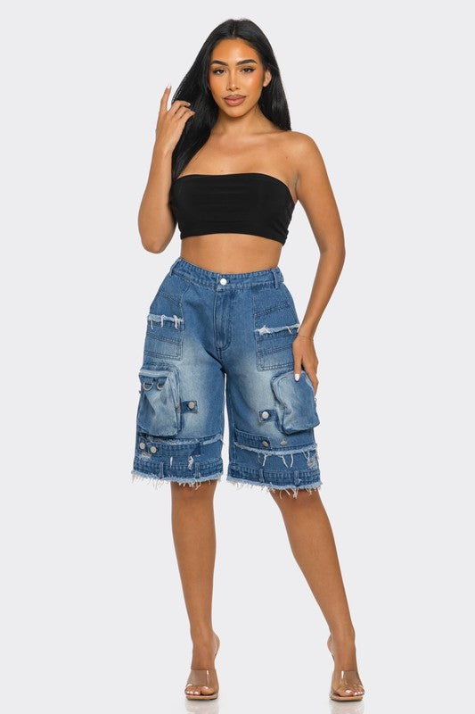 Utility-Chic Frayed Denim Casual Cargo Shorts