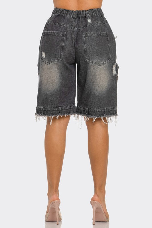 Utility-Chic Frayed Denim Casual Cargo Shorts