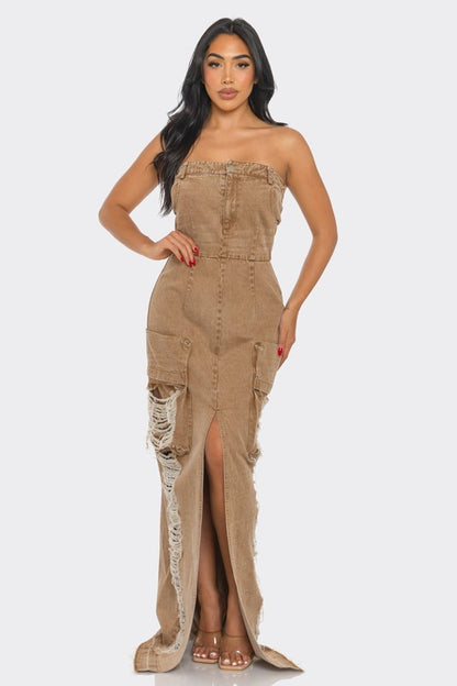 Vintage Washed Distressed Cargo Maxi Dress