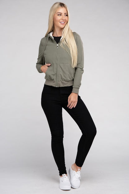 Fuzzy Trim Zip-Up Crop Hoodie