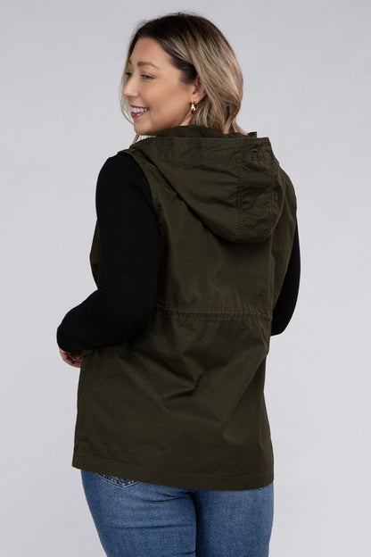 Plus Drawstring Waist Military Hoodie Vest