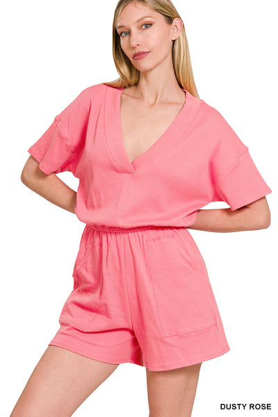 DROP SHOULDER V-NECK ROMPER WITH POCKETS