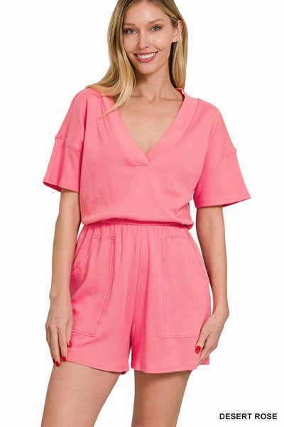 DROP SHOULDER V-NECK ROMPER WITH POCKETS