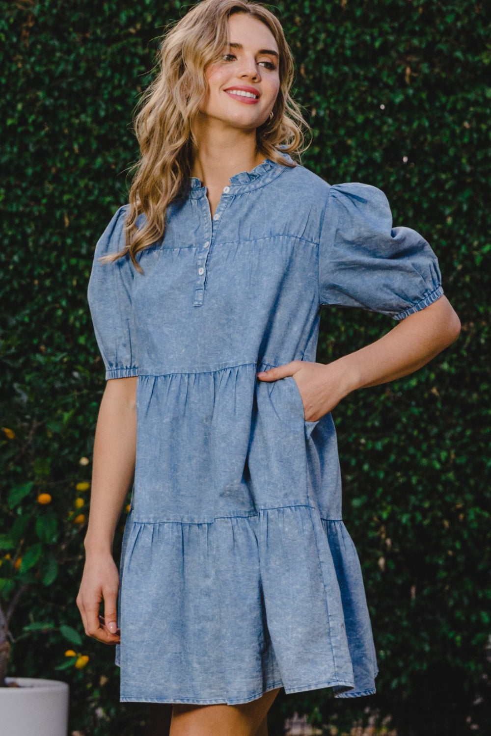 ODDI Washed Tiered Mini Denim Dress