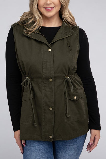 Plus Drawstring Waist Military Hoodie Vest