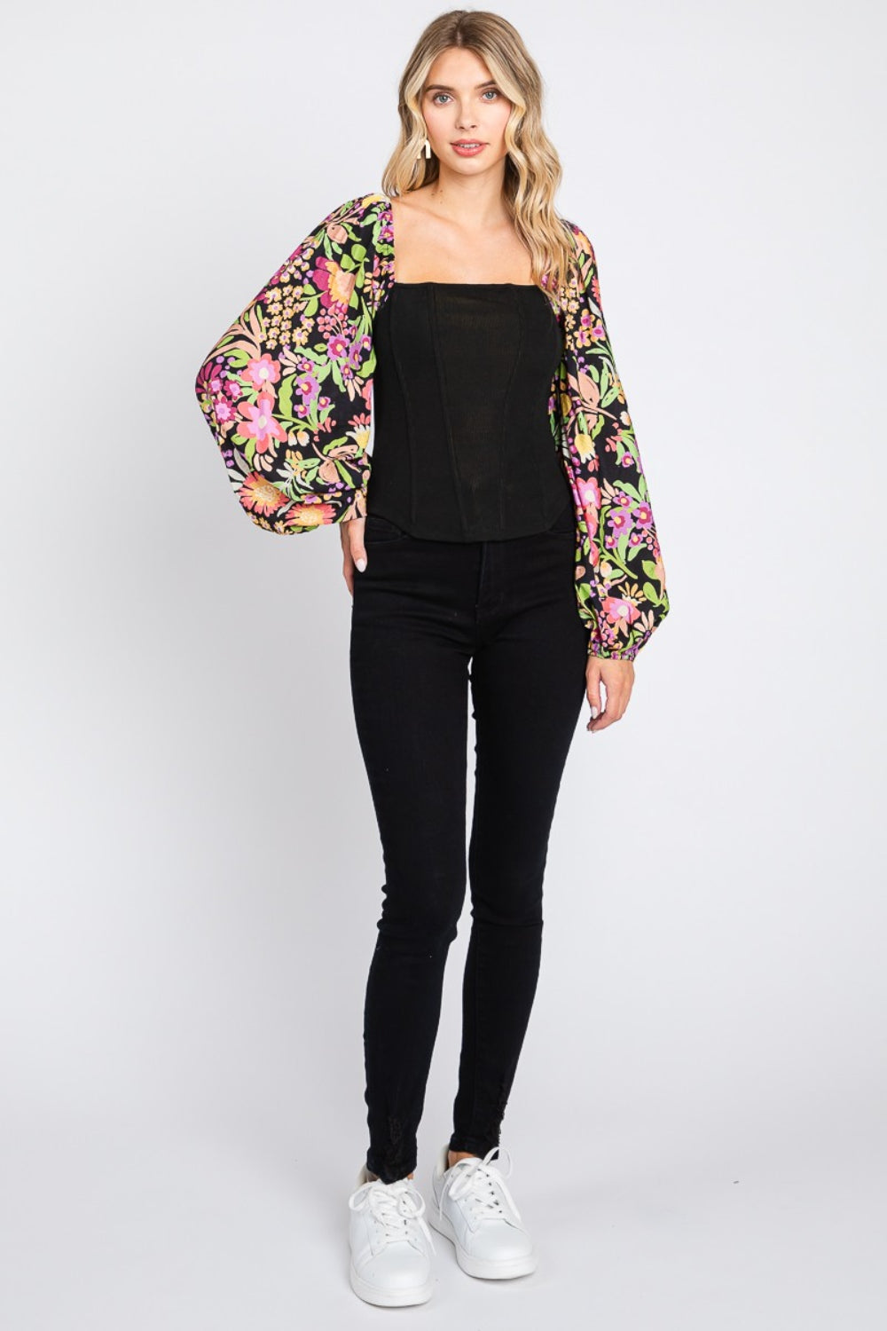 ODDI Full Size Floral Balloon Sleeve Blouse