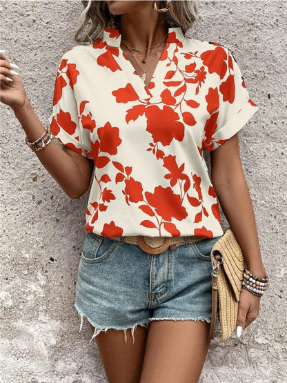 Flower Notched Short Sleeve Blouse