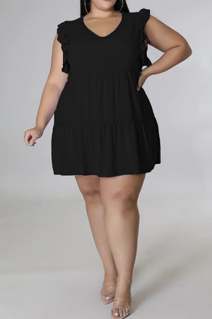 Plus Size V-Neck Frill Trim Mini Dress