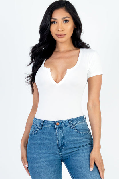 Casual Split Neck Solid Short Sleeve Bodysuit