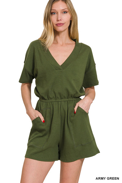 DROP SHOULDER V-NECK ROMPER WITH POCKETS