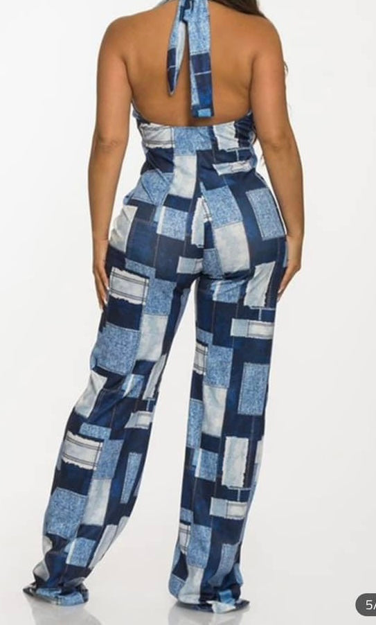 HALTER DENIM PRINT JUMPSUIT
