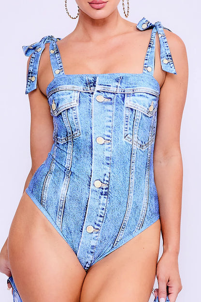 DENIM EFFECT SWIMSUIT & COVER-UP SET