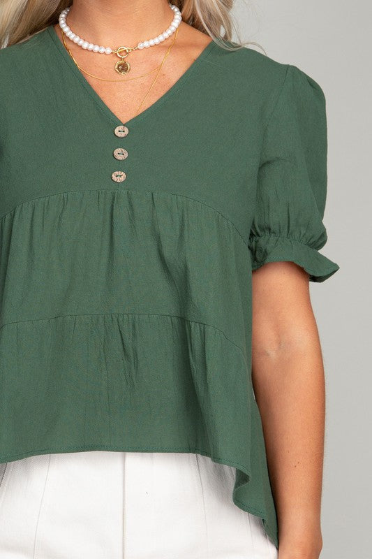 Button Front Puff Sleeve Blouse