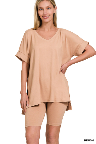 BRUSHED DTY MICROFIBER V-NECK TOP & BIKER SHORTS