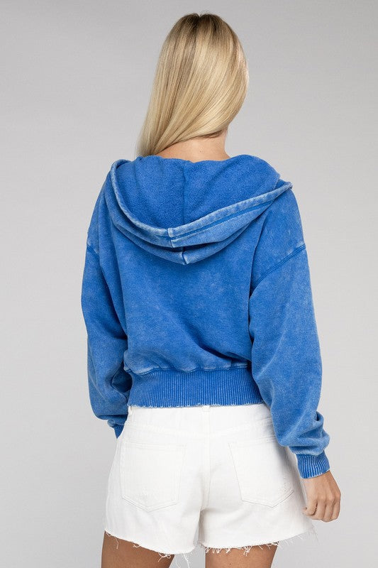 Acid Wash Fleece Cropped Zip-Up Hoodie