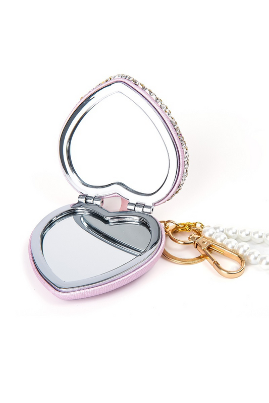 HEART PEARL DOUBLE-SIDED FOLDING MIRROR KEYCHAIN