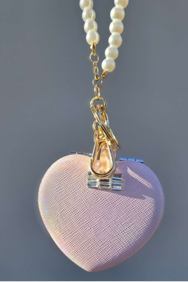 HEART PEARL DOUBLE-SIDED FOLDING MIRROR KEYCHAIN