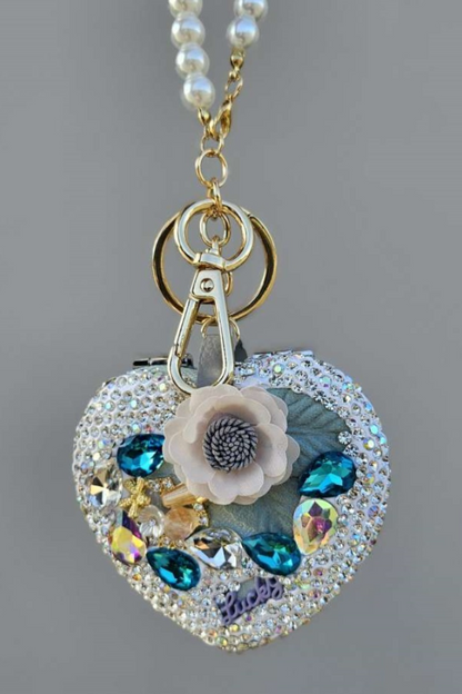 HEART PEARL DOUBLE-SIDED FOLDING MIRROR KEYCHAIN