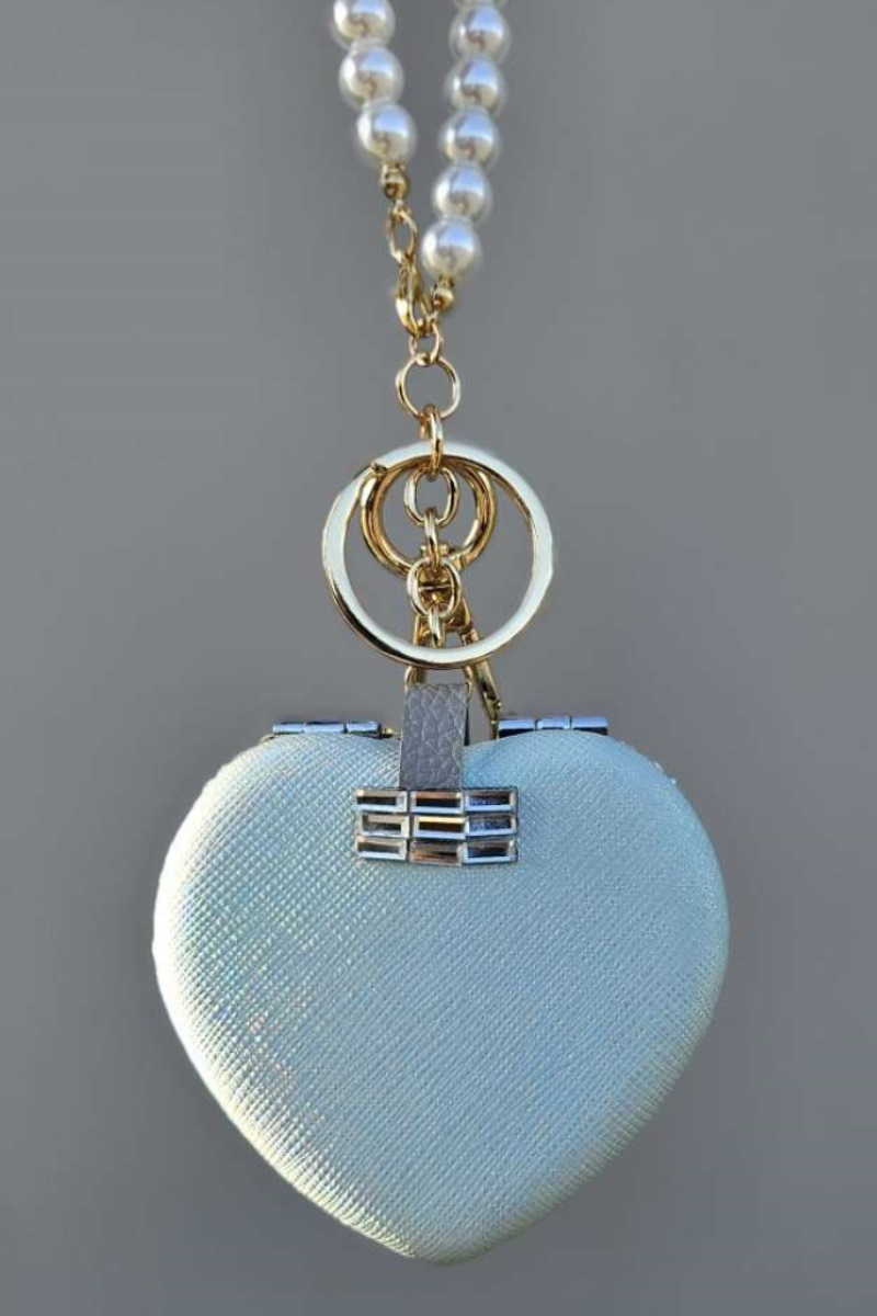 HEART PEARL DOUBLE-SIDED FOLDING MIRROR KEYCHAIN