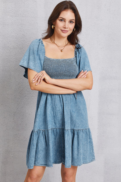 Smocked Square Neck Mini Denim Dress